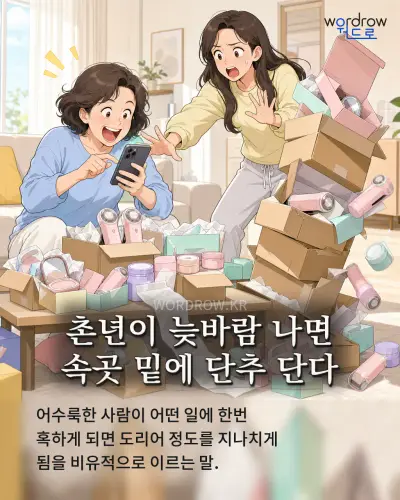 한국어 속담 “촌년이 늦바람 나면 속곳 밑에 단추 단다” 1컷 일러스트