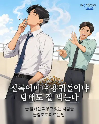 한국어 속담 “철록어미냐 용귀돌이냐 담배도 잘 먹는다”를 한 장면으로 담은 1컷 일러스트