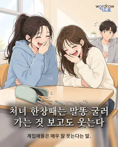한국어 속담 “처녀 한창때는 말똥 굴러 가는 것 보고도 웃는다” 1컷 일러스트