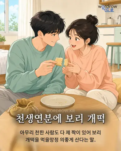 한국어 속담 “천생연분에 보리 개떡” 1컷 일러스트