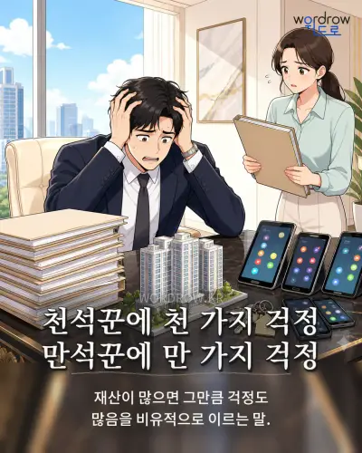 한국어 속담 “천석꾼에 천 가지 걱정 만석꾼에 만 가지 걱정” 1컷 일러스트