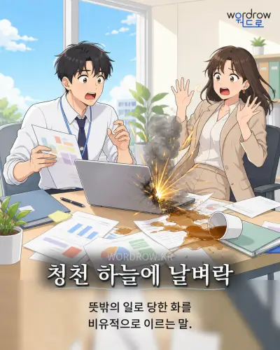 한국어 속담 “청천 하늘에 날벼락”를 한 장면으로 담은 1컷 일러스트
