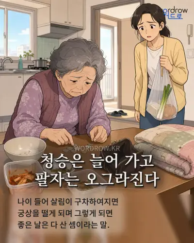 한국어 속담 “청승은 늘어 가고 팔자는 오그라진다” 1컷 일러스트