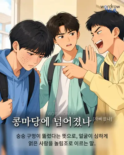 한국어 속담 “콩마당에 넘어졌나[자빠졌나]” 1컷 일러스트