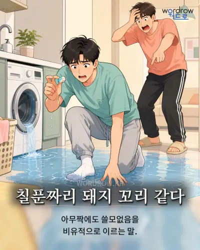 한국어 속담 “칠푼짜리 돼지 꼬리 같다” 1컷 일러스트