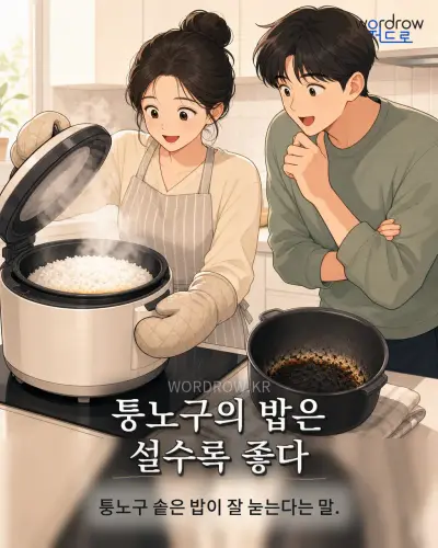 한국어 속담 “퉁노구의 밥은 설수록 좋다” 1컷 일러스트