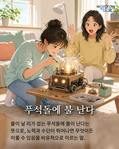 한국어 속담 “푸석돌에 불 난다”를 한 장면으로 담은 1컷 일러스트