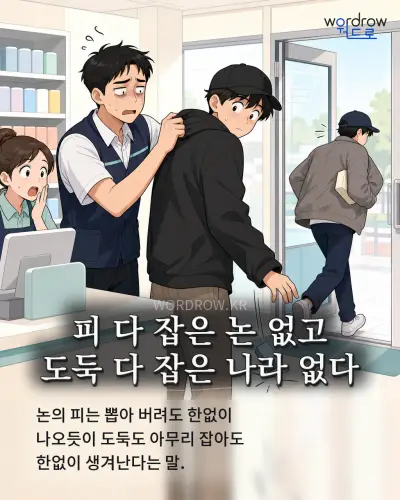 한국어 속담 “피 다 잡은 논 없고 도둑 다 잡은 나라 없다” 1컷 일러스트