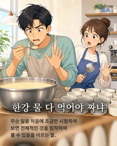 한국어 속담 “한강 물 다 먹어야 짜냐” 1컷 일러스트