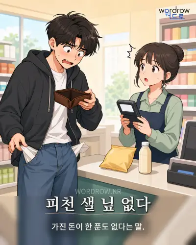 한국어 속담 “피천 샐 닢 없다” 1컷 일러스트