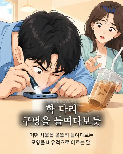 한국어 속담 “학 다리 구멍을 들여다보듯” 1컷 일러스트