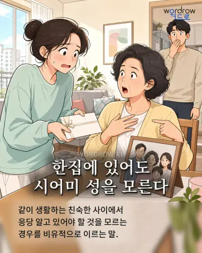 한국어 속담 “한집에 있어도 시어미 성을 모른다” 1컷 일러스트