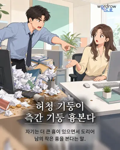한국어 속담 “허청 기둥이 측간 기둥 흉본다” 1컷 일러스트