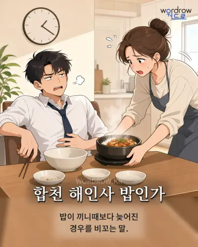 한국어 속담 “합천 해인사 밥인가” 1컷 일러스트