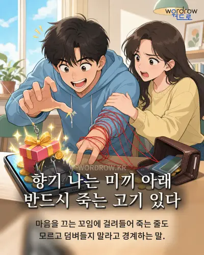 한국어 속담 “향기 나는 미끼 아래 반드시 죽는 고기 있다” 1컷 일러스트