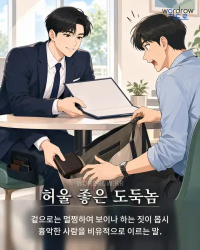 한국어 속담 “허울 좋은 도둑놈” 1컷 일러스트