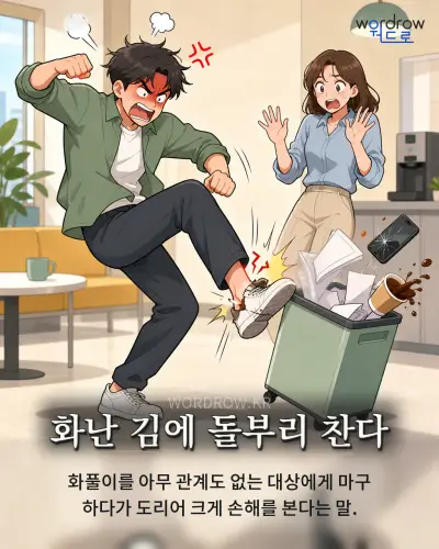 한국어 속담 “화난 김에 돌부리 찬다” 1컷 일러스트