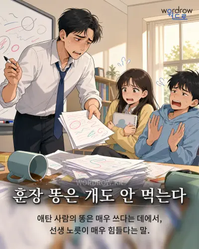 한국어 속담 “훈장 똥은 개도 안 먹는다”를 한 장면으로 담은 1컷 일러스트