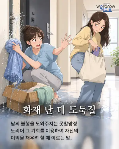 한국어 속담 “화재 난 데 도둑질” 1컷 일러스트