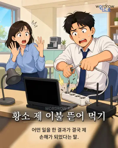 한국어 속담 “황소 제 이불 뜯어 먹기” 1컷 일러스트