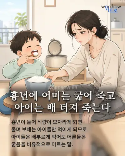 한국어 속담 “흉년에 어미는 굶어 죽고 아이는 배 터져 죽는다” 1컷 일러스트