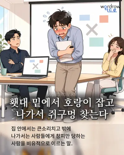 한국어 속담 “횃대 밑에서 호랑이 잡고 나가서 쥐구멍 찾는다” 1컷 일러스트