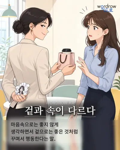 한국어 속담 “겉과 속이 다르다” 1컷 일러스트