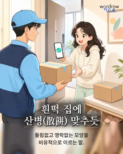 한국어 속담 “흰떡 집에 산병(散餠) 맞추듯” 1컷 일러스트