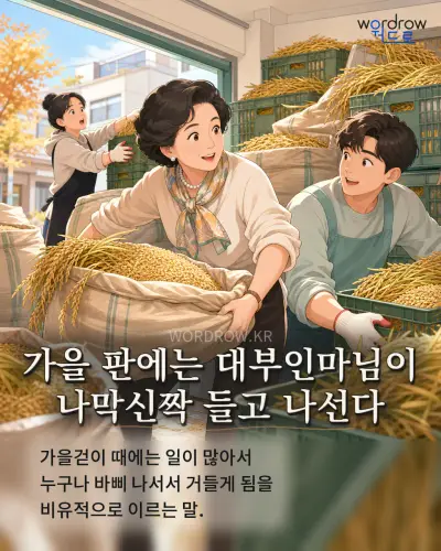 한국어 속담 “가을 판에는 대부인마님이 나막신짝 들고 나선다” 1컷 일러스트