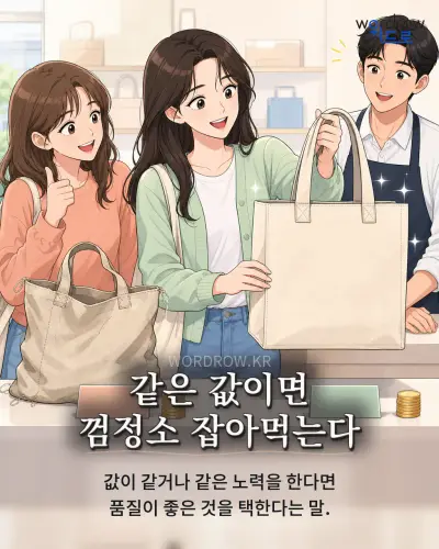 한국어 속담 “같은 값이면 껌정소 잡아먹는다” 1컷 일러스트