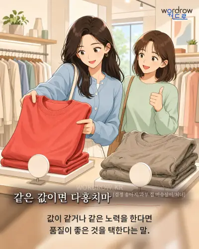 한국어 속담 “같은 값이면 다홍치마[검정 송아지/과부 집 머슴살이/처녀]” 1컷 일러스트