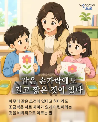 한국어 속담 “같은 손가락에도 길고 짧은 것이 있다” 1컷 일러스트