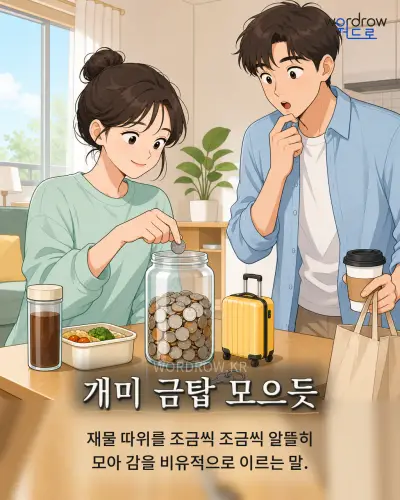 한국어 속담 “개미 금탑 모으듯” 1컷 일러스트