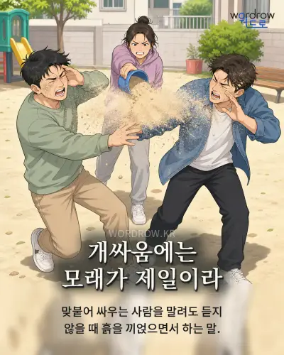 한국어 속담 “개싸움에는 모래가 제일이라”를 한 장면으로 담은 1컷 일러스트