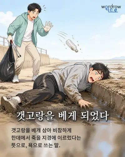 한국어 속담 “갯고랑을 베게 되었다” 1컷 일러스트