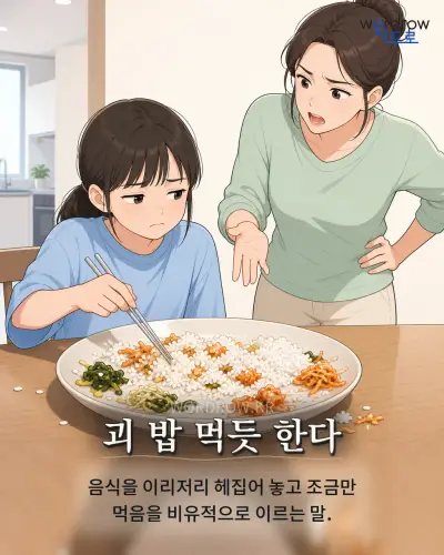 한국어 속담 “괴 밥 먹듯 한다”를 한 장면으로 담은 1컷 일러스트