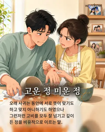 한국어 속담 “고운 정 미운 정” 1컷 일러스트