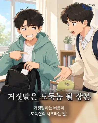 한국어 속담 “거짓말은 도둑놈 될 장본” 1컷 일러스트
