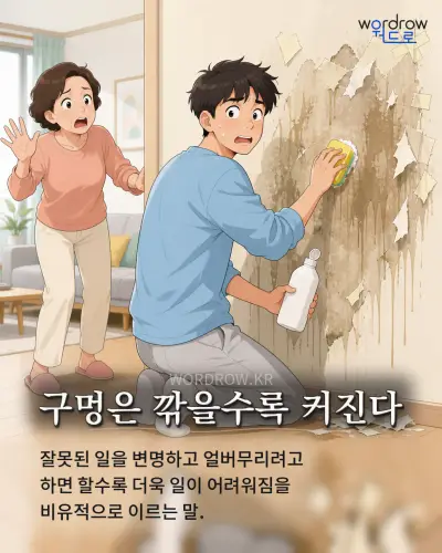 한국어 속담 “구멍은 깎을수록 커진다” 1컷 일러스트