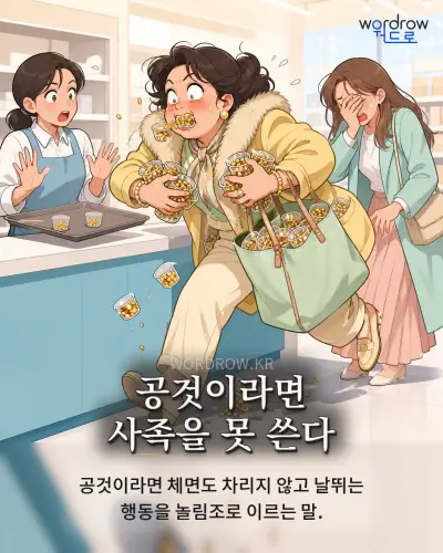 한국어 속담 “공것이라면 사족을 못 쓴다” 1컷 일러스트