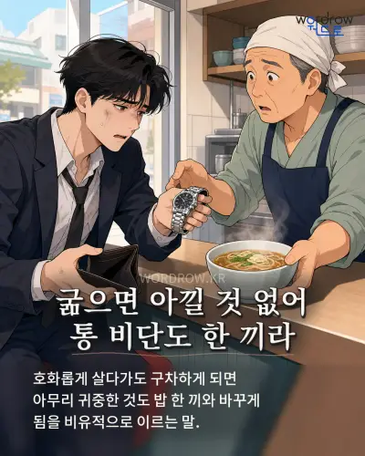 한국어 속담 “굶으면 아낄 것 없어 통 비단도 한 끼라” 1컷 일러스트