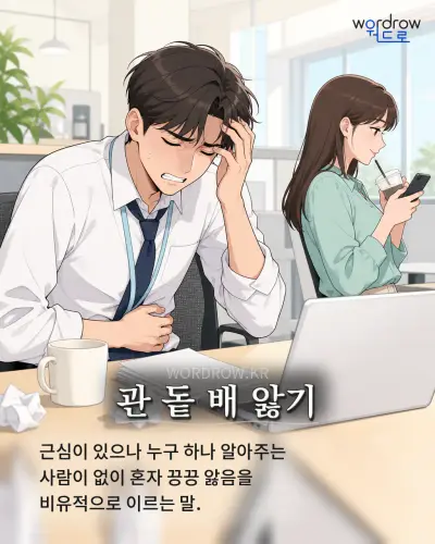 한국어 속담 “관 돝 배 앓기” 1컷 일러스트