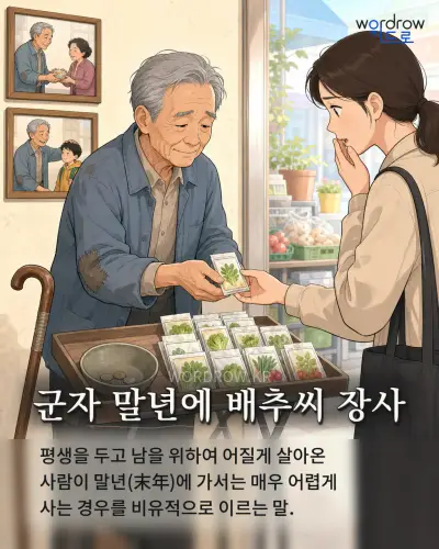 한국어 속담 “군자 말년에 배추씨 장사” 1컷 일러스트