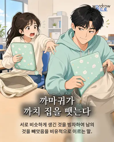 한국어 속담 “까마귀가 까치 집을 뺏는다” 1컷 일러스트