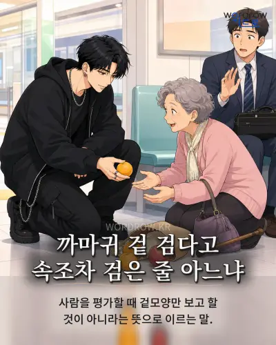 한국어 속담 “까마귀 겉 검다고 속조차 검은 줄 아느냐” 1컷 일러스트