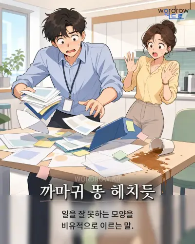 한국어 속담 “까마귀 똥 헤치듯” 1컷 일러스트