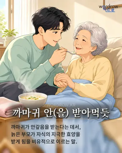 한국어 속담 “까마귀 안(을) 받아먹듯” 1컷 일러스트