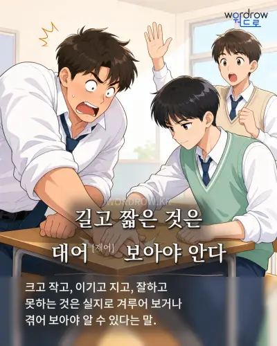 한국어 속담 “길고 짧은 것은 대어[재어] 보아야 안다” 1컷 일러스트