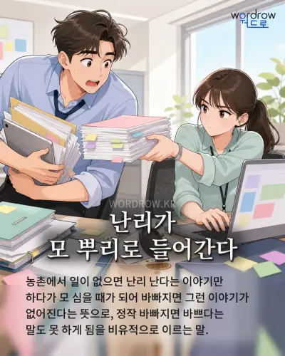한국어 속담 “난리가 모 뿌리로 들어간다”를 한 장면으로 담은 1컷 일러스트