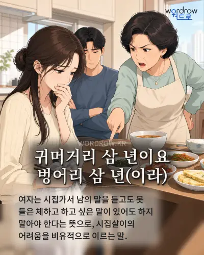 한국어 속담 “귀머거리 삼 년이요 벙어리 삼 년” 1컷 일러스트